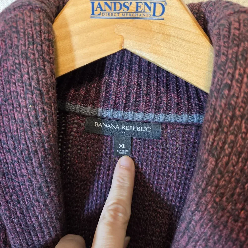 Banana Republic Mens Cardigan XL Burgundy Cable Knit Shawl Collar Ribbed
